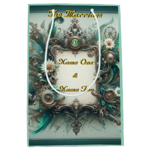 Floral Steampunk Wedding Green and Silver  Medium Gift Bag