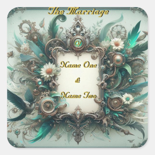 Floral Steampunk Wedding Green and Silver  Square Sticker (Front)