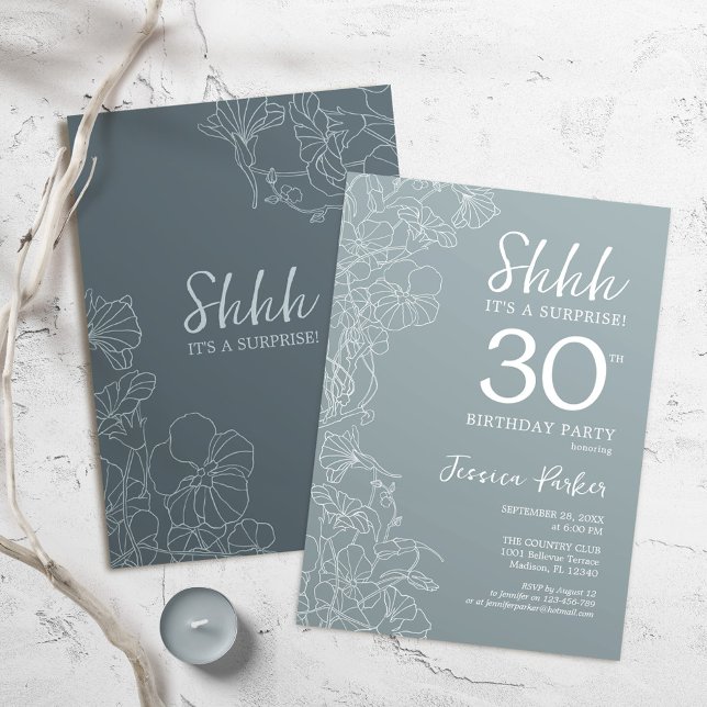 Floral Steel Blue Botanical Surprise 30th Birthday Invitation (Creator Uploaded)
