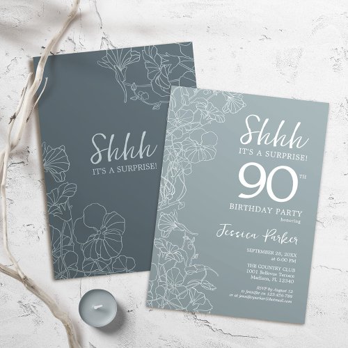 Floral Steel Blue Botanical Surprise 90th Birthday Invitation