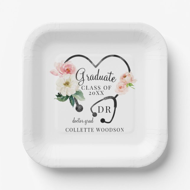 Floral Stethoscope Doctor Grad Graduation Party Paper Plates (Front)