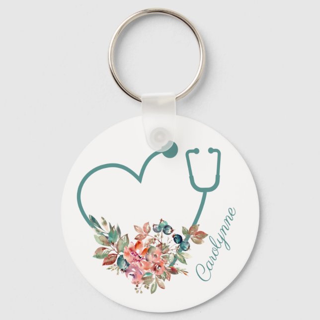Floral Stethoscope Heart Caregiver Nurse Doctor Keychain (Front)