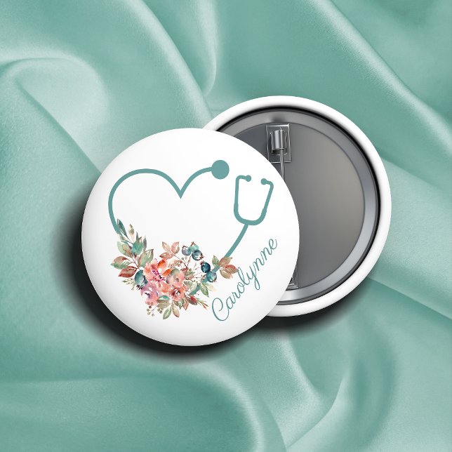 Floral Stethoscope Heart Medical Nurse Caregiver Button (Creator Uploaded)