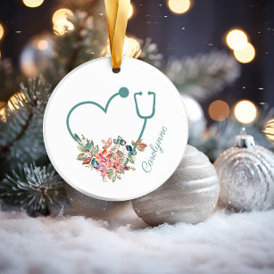 Floral Stethoscope Heart Medical Nurse Caregiver Ceramic Ornament