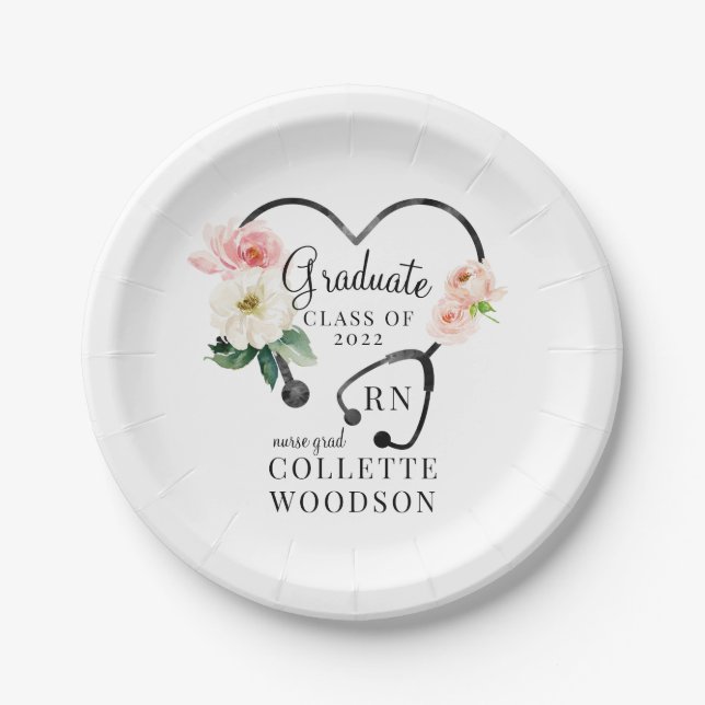 Floral Stethoscope Nurse Grad Class 2022 Party Paper Plates (Front)