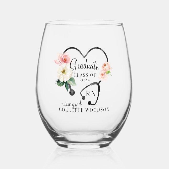 Floral Stethoscope Nurse Grad Class 2024 Stemless Wine Glass (Front)