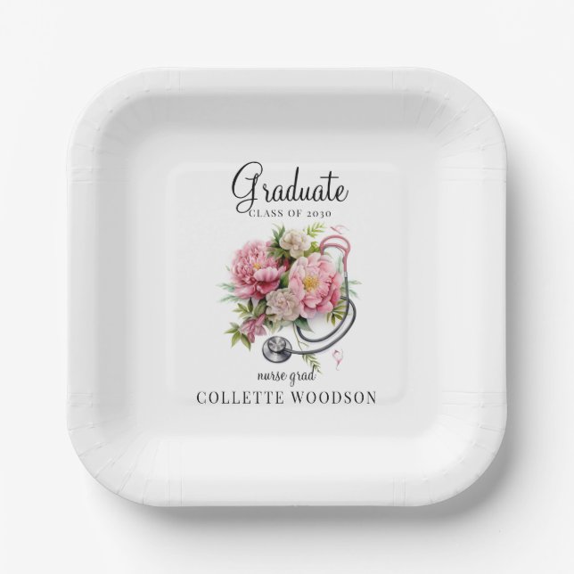 Floral Stethoscope Nurse Grad Class 20XX  Paper Plates (Front)