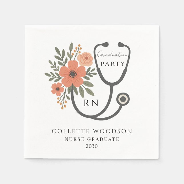 Floral Stethoscope Nurse Graduation Party Napkins (Front)