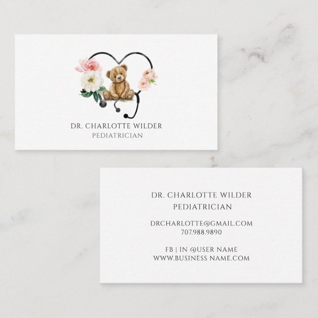 Floral Stethoscope Teddy Bear Pediatrician Business Card (Front/Back)