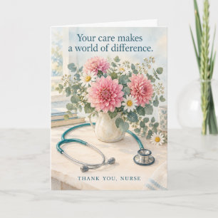 Floral Stethoscope Your Care Nurse Thank You Card