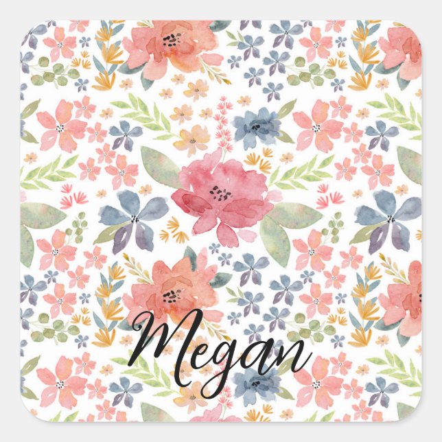 Floral Sticker- Cute Watercolor Flowers Square Sticker (Front)