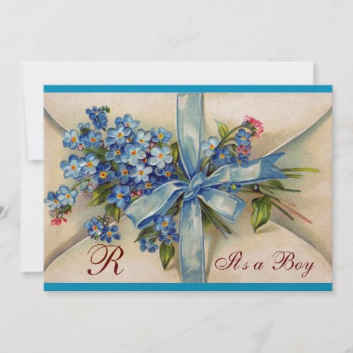 FLORAL STORK BABY SHOWER BLUE BOW FLOWERS MONOGRAM INVITATION