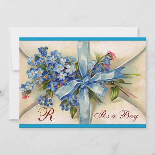 FLORAL STORK BABY SHOWER BLUE BOW FLOWERS MONOGRAM INVITATION