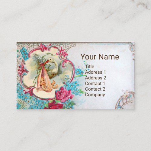 FLORAL STORK BABY SHOWER PINK ROSES MONOGRAM BUSINESS CARD