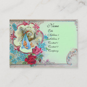 FLORAL STORK BABY SHOWER WITH ROSES MONOGRAM BUSINESS CARD