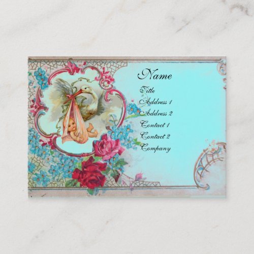 FLORAL STORK BABY SHOWER WITH ROSES MONOGRAM BUSINESS CARD