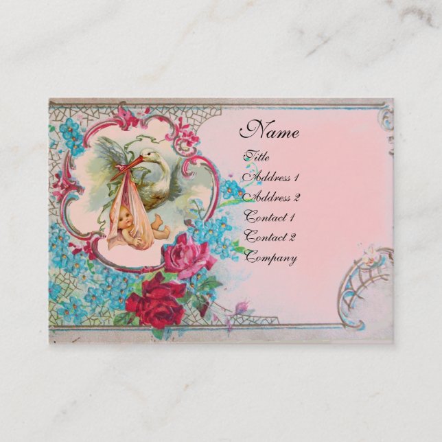 FLORAL STORK BABY SHOWER WITH ROSES MONOGRAM BUSINESS CARD (Front)