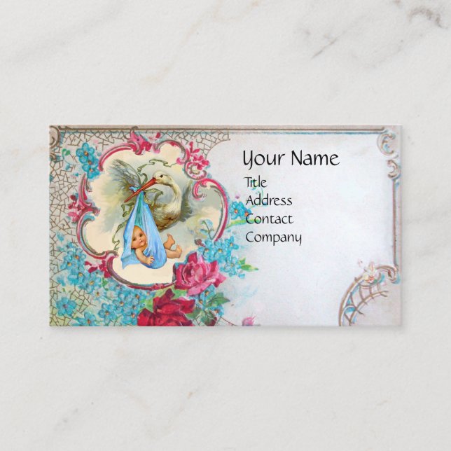 FLORAL STORK BABY SHOWER WITH ROSES MONOGRAM BUSINESS CARD (Front)