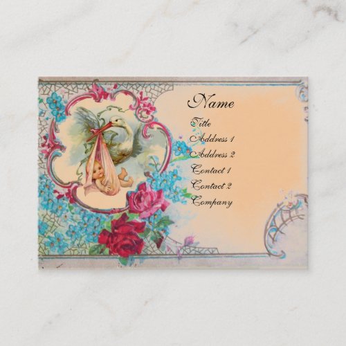 FLORAL STORK BABY SHOWER WITH ROSES MONOGRAM Peach Business Card