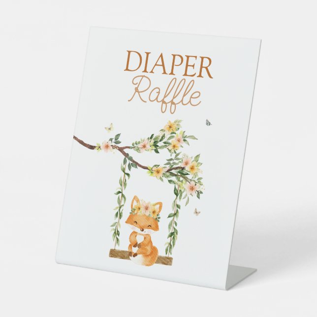 Floral Storybook Fox Baby Shower Diaper Raffle Pedestal Sign (Front)