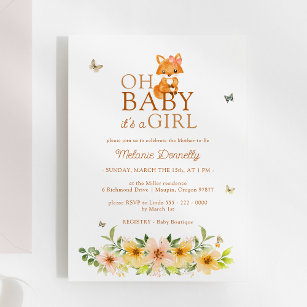 Floral Storybook Fox Oh Baby Girl Shower Invitation