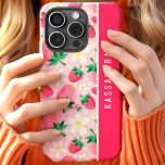 Floral Strawberries Custom Personalized Name iPhone 15 Case<br><div class="desc">Indulge in the sweet charm of this delightful design featuring a pattern of strawberries and white flowers on a pink background. The vibrant colors and botanical elements create a cheerful and stylish look. The custom name element adds a personal touch, making this design both unique and functional. Perfect for those...</div>