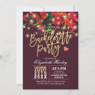 Floral String Light Gold Script Bachelorette Party Invitation