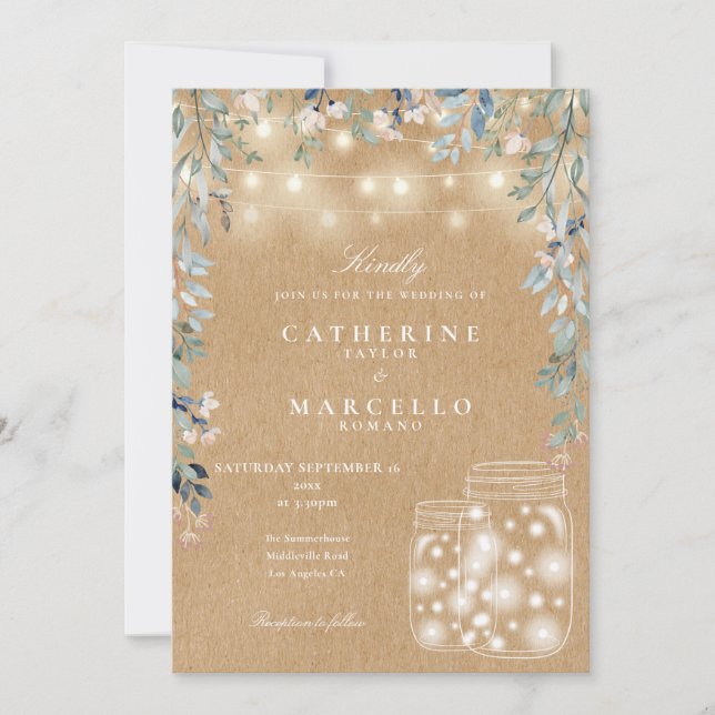 Floral String Light Mason Jar Rustic Kraft Wedding Invitation (Front)