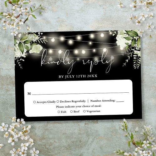 Floral String Lights Black And White Wedding RSVP Card