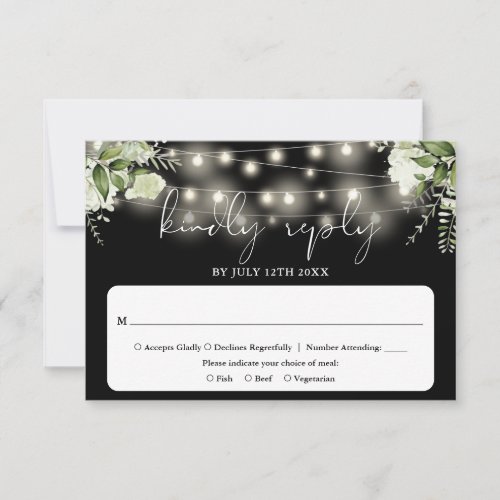 Floral String Lights Black And White Wedding RSVP Card