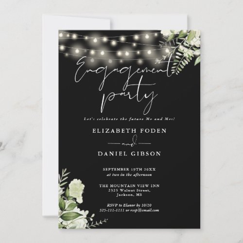 Floral String Lights Black White Engagement Party Invitation