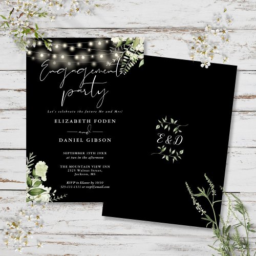 Floral String Lights Black White Engagement Party Invitation