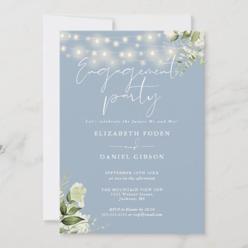 Floral String Lights Dusty Blue Engagement Party Invitation