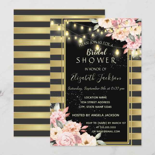 Floral String Lights,Gold Striped  Bridal Shower Invitation (Front/Back)