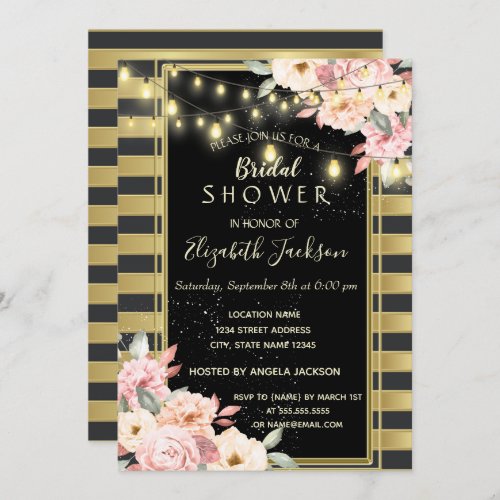 Floral String LightsGold Striped  Bridal Shower Invitation