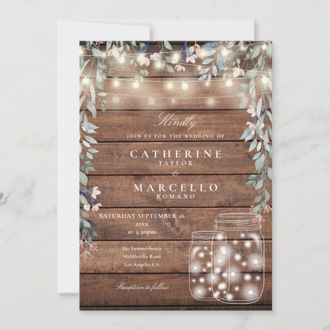 Floral String Lights Mason Jar Rustic Wood Wedding Invitation (Front)