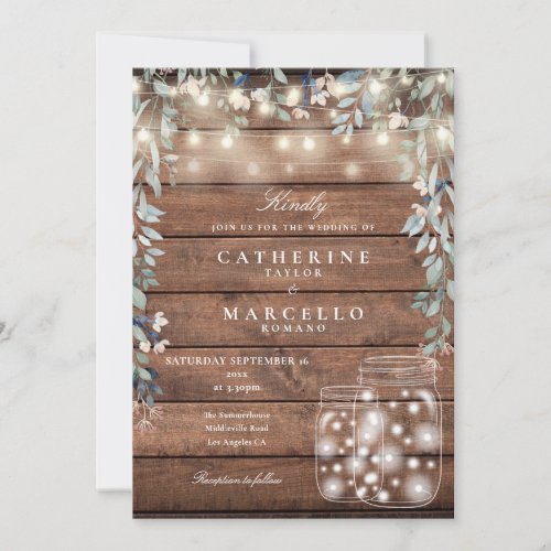 Floral String Lights Mason Jar Rustic Wood Wedding Invitation