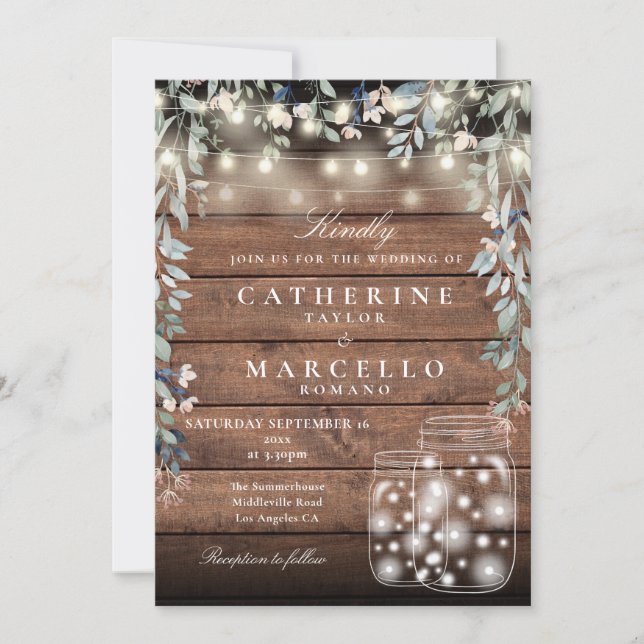 Floral String Lights Mason Jar Rustic Wood Wedding Invitation (Front)