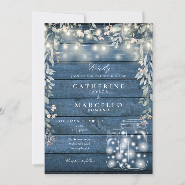 Floral String Lights Mason Jars Blue Wood Wedding Invitation (Front)