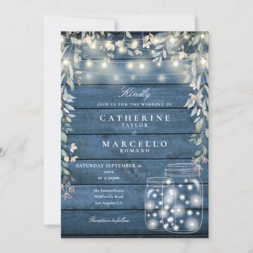 Floral String Lights Mason Jars Blue Wood Wedding Invitation