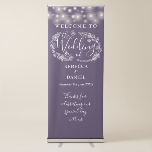 Floral String Lights Purple Wedding Welcome Retractable Banner