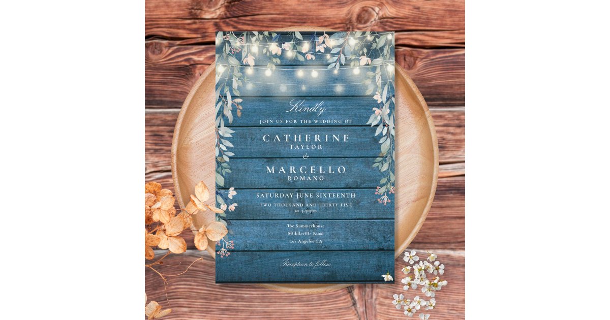 Floral String Lights Rustic Blue Wood Wedding Invitation | Zazzle