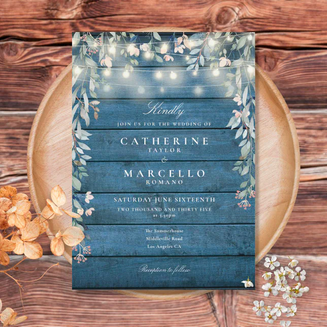 Floral String Lights Rustic Blue Wood Wedding Invitation | Zazzle