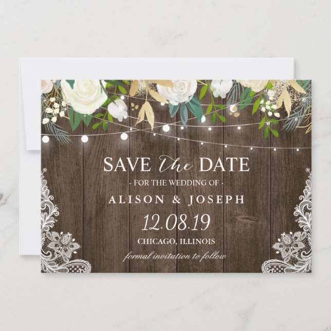Floral String Lights Rustic Country Save the Date (Front)