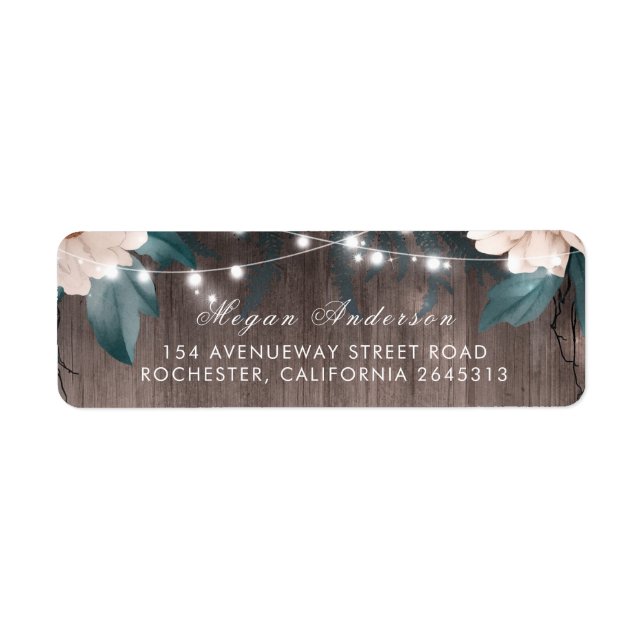 Floral String Lights Rustic Wood Barn Wedding Label (Front)