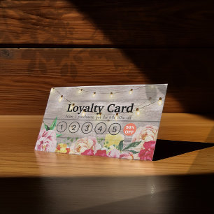 Floral String Lights Rustic Wood Salon Loyalty Card