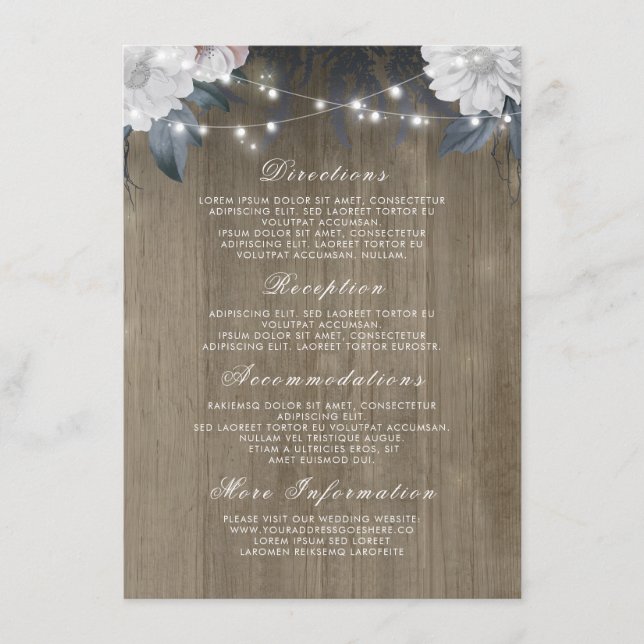 Floral String Lights Rustic Wood Wedding Details Enclosure Card (Front)