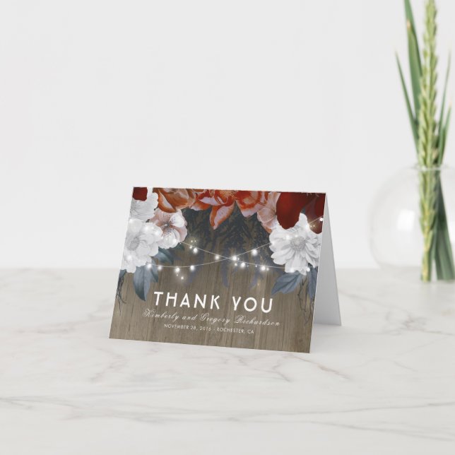 Floral String Lights Rustic Wood Wedding Thank You Card (Front)