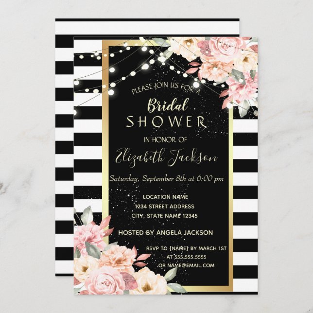 Floral String Lights, Striped  Bridal Shower Invitation (Front/Back)