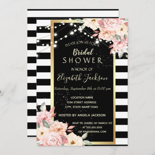 Floral String Lights Striped  Bridal Shower Invitation